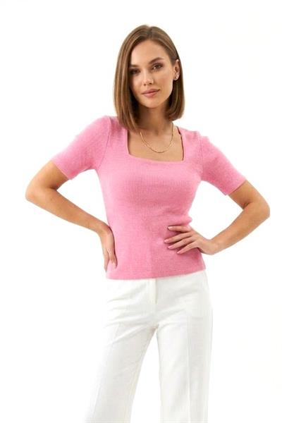 Kadın Kare Yaka Kaşkorse Crop Bluz Pembe
