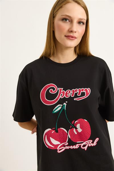 Baskılı Bisiklet Yaka Kadın Tshirt Siyah