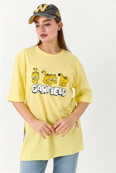 Kadın Garfield Baskılı Yanları Yırtmaçlı Bisiklet Yaka Tshirt Sarı