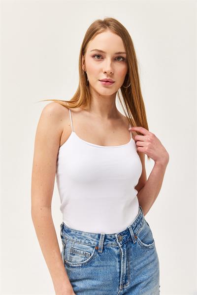 İp Askılı Uzun Crop Bluz Beyaz