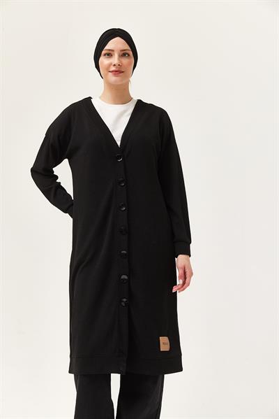Düğmeli Triko Uzun Hırka Siyah