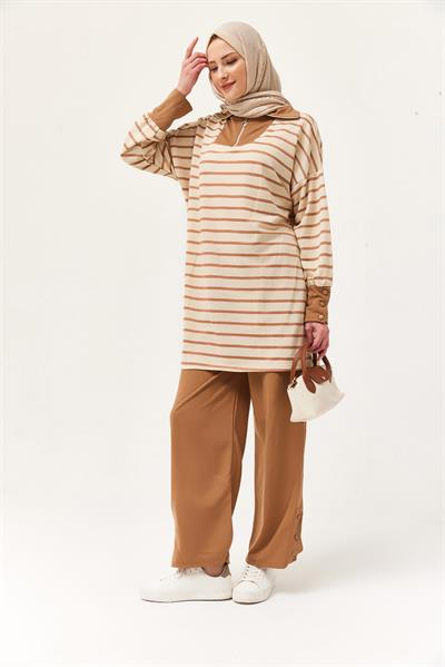 Yaka Fermuarlı Kol Detaylı  İkili Takım Vizon