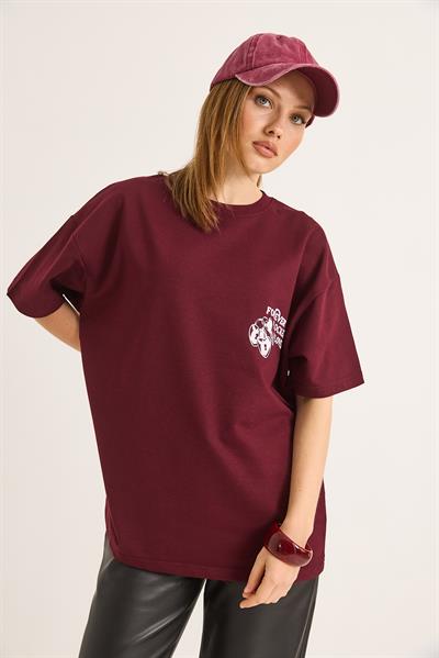 Baskılı Oversize İki İplik Tshirt Bordo
