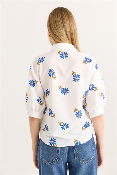 Balon Kol Desenli Kadın Gömlek Mavi Beyaz