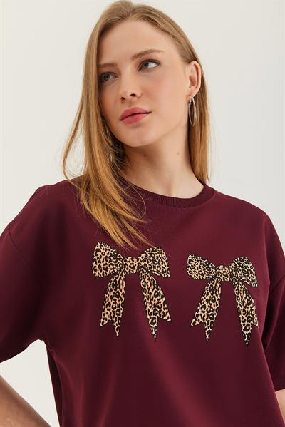 Kurdele Baskı Detaylı Basic Tshirt Bordo