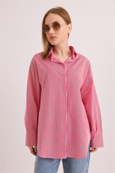 Çizgili Oversize Basic Gömlek Kırmızı