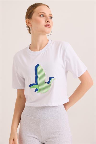 Karikatür Kuş Baskılı Pamuk Örme Crop Tshirt Beyaz