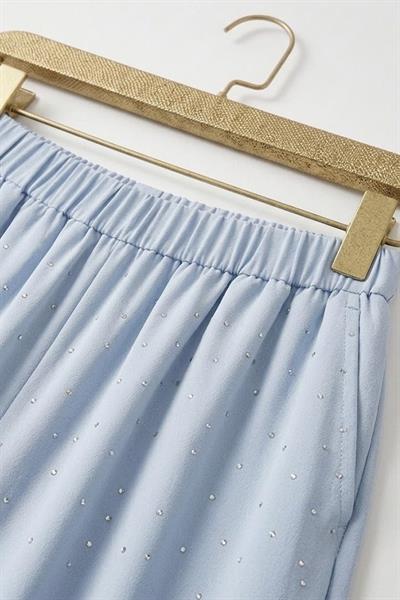 Kadın Taş Detaylı Bol Kesim Keten Görünümlü Pantolon Mavi