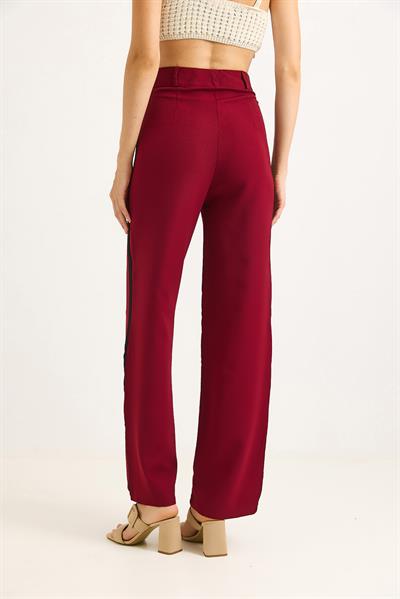 Yanları Şeritlik Bol Paça Kadın Pantolon Bordo