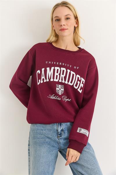 Kadın Bisiklet Yaka Baskılı Üç İplik Şardonlu Sweatsirt Bordo