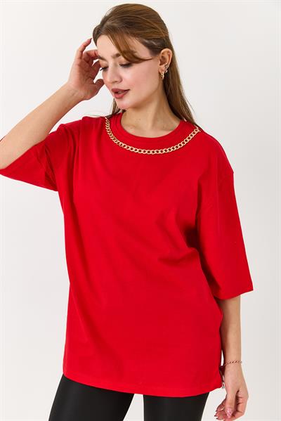Kadın Yakası Gold Zincirli Bisiklet Yaka Tshirt Kırmızı