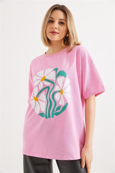 Baskılı Bisiklet Yaka Tshirt Pembe