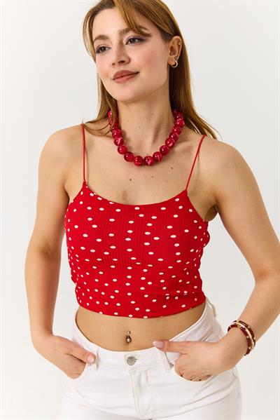 Kadın Askılı Puantiyeli Crop Bluz Kırmızı