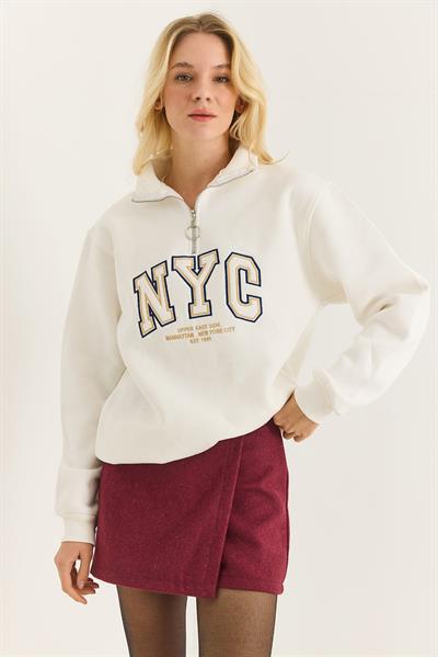 Nyc Nakışlı Fermuar Detaylı Dik Yaka Oversize Sweatshirt Beyaz