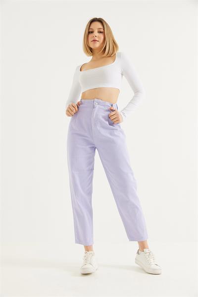 Yüksek Bel Bol Kesim Pantolon Lila