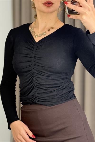 Kadın Uzun Kollu V Yaka Büzgü Detaylı Bluz Siyah