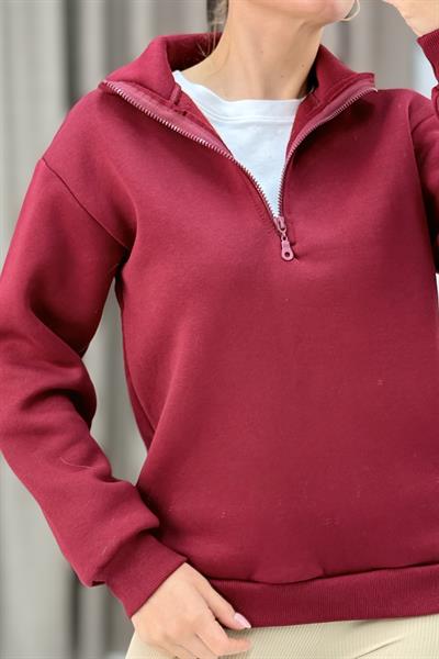 Kadın Bordo Yarım Fermuarlı Üç İplik Sweat 