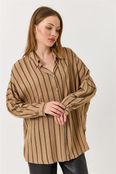Kadın Oversize Çizgi Desenli Gömlek Vizon 
