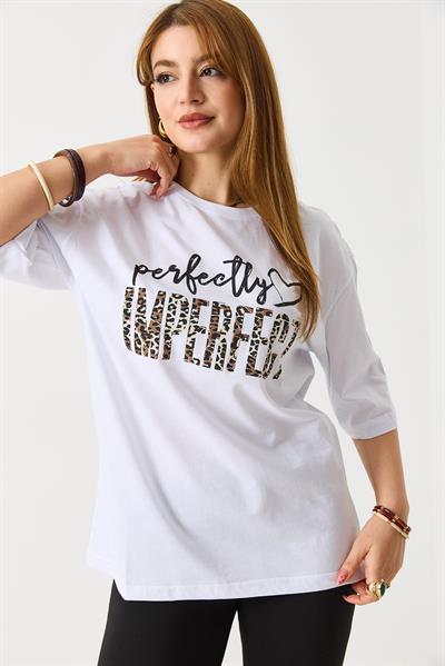 Kadın Bol Kesim Bisiklet Yaka Kısa Kol Tshirt Beyaz