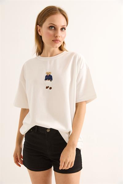 Rahat Kalıp Baskılı Kadın Tshirt Beyaz