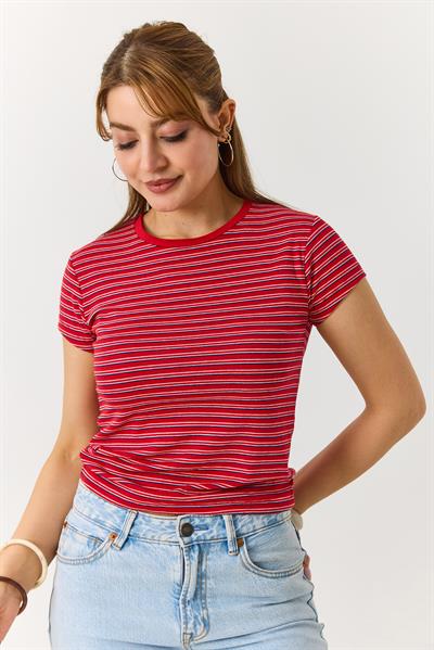 Kadın  Çizgili Bisiklet Yaka Tshirt Kırmızı