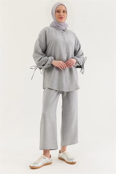 Kol Büzgülü Gömlek Pantolon İkili Takım Gri