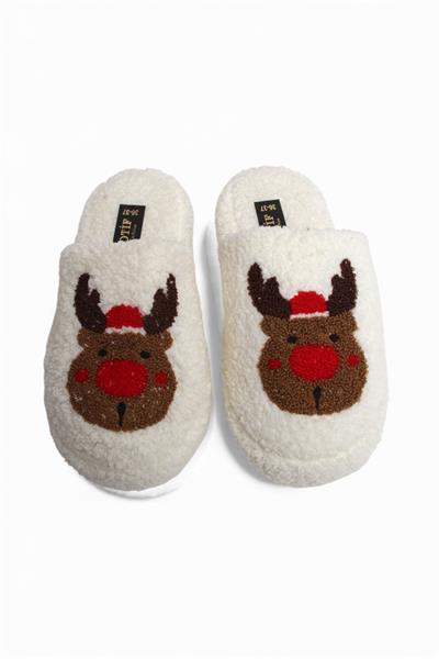 Kadın Yılbaşı Geyik Figürlü Peluş Ekru Ev Terliği