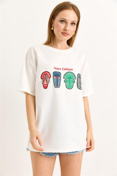 Baskılı Oversize Tshirt Beyaz