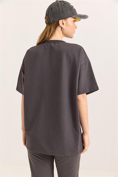 Duck Nakışlı Oversize İki İplik Tshirt Füme