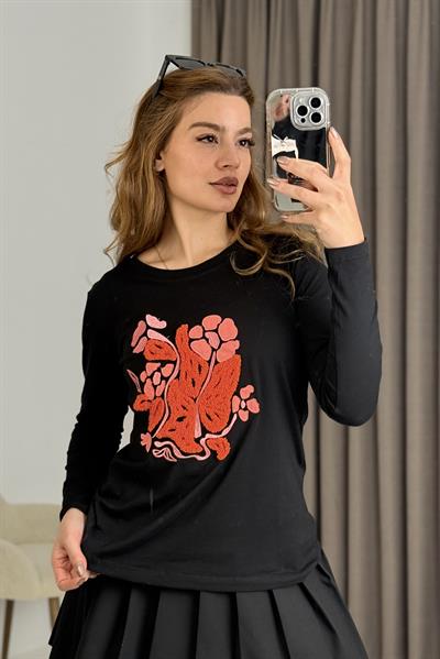 Kadın Siyah Turuncu Papatya Nakışlı  Baskılı Uzun Kollu Tshirt