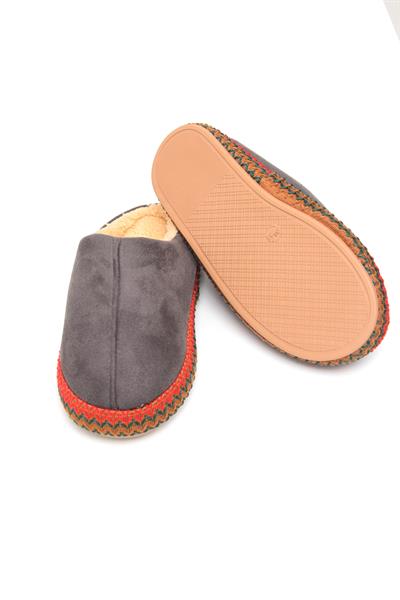 Nakışlı İçi Tüylü Kadın Ev Terliği Füme