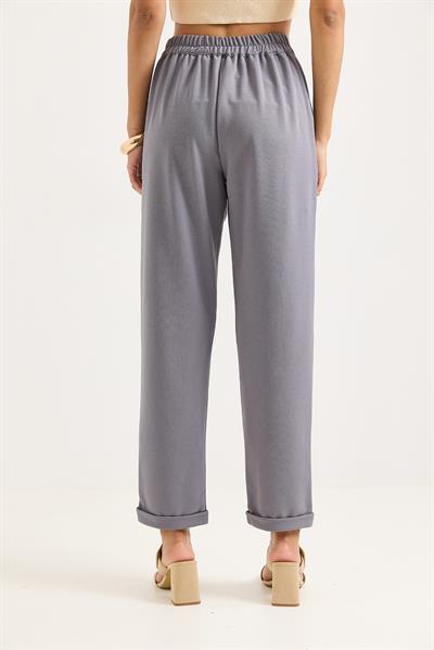 Beli Lastikli Katlı Paça Kadın Pantolon Gri