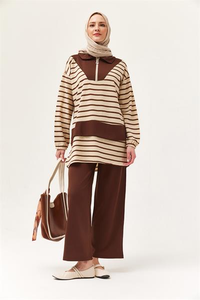 Fermuarlı Çizgili Gömlek Yaka Takım Kahverengi