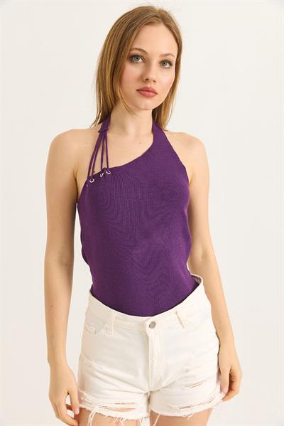 Tek Omuz Boyun Detaylı Triko Bluz Mor