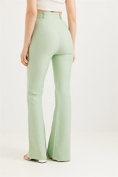 Yüksel Bel Çımalı  İspanyol Paça Pantolon Su Yeşili