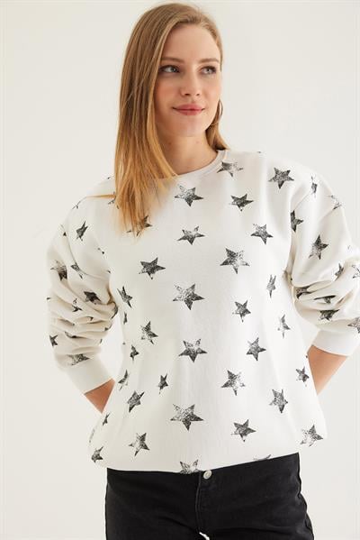 Yıldız Baskılı Oversize Şardonlu Sweatshirt Siyah