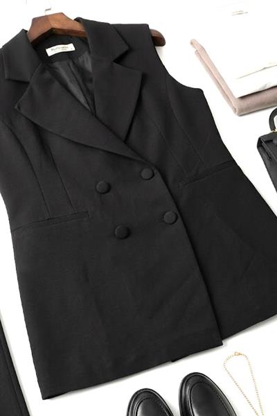 Kadın Kruvaze Yaka Düğmeli Kolsuz Yelek Siyah