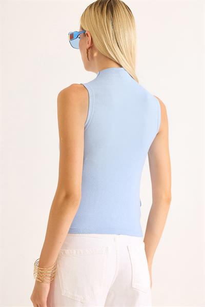 Kadın Dik Yaka Kolsuz Bluz Mavi