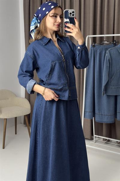 Kadın Kot Etek Fermuarlı Ceket Takım Lacivert