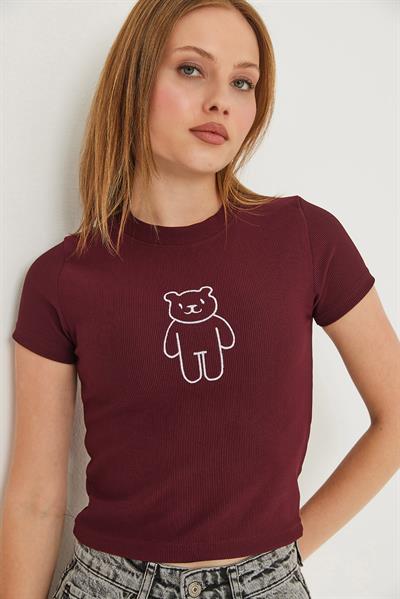 Ayıcık Nakışlı Kaşkorse Bluz Bordo