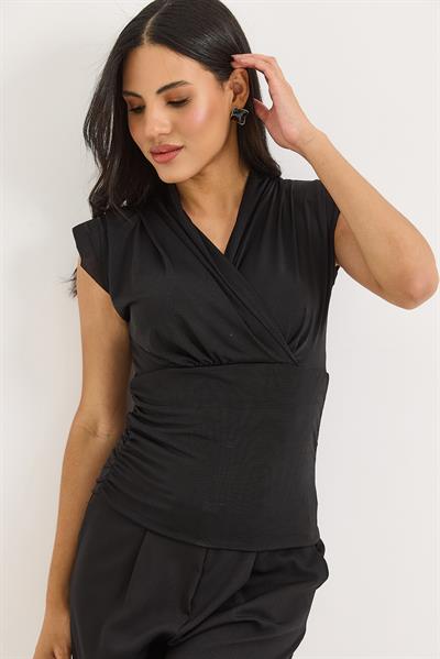 Kruvaze Yaka Vatkalı Sıfır Kol Bluz Siyah