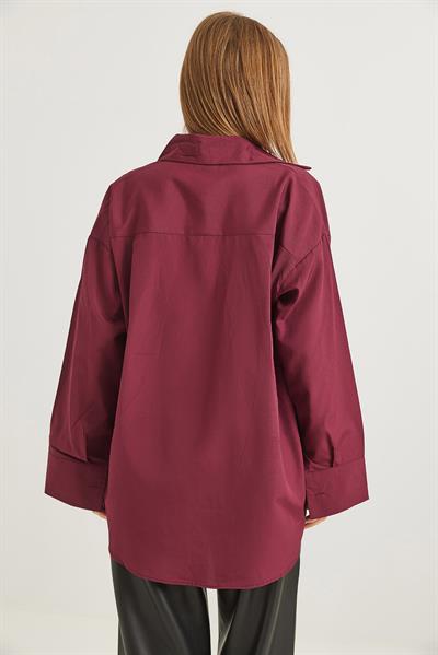 Kalp Nakışlı  Oversize Basic Gömlek Bordo