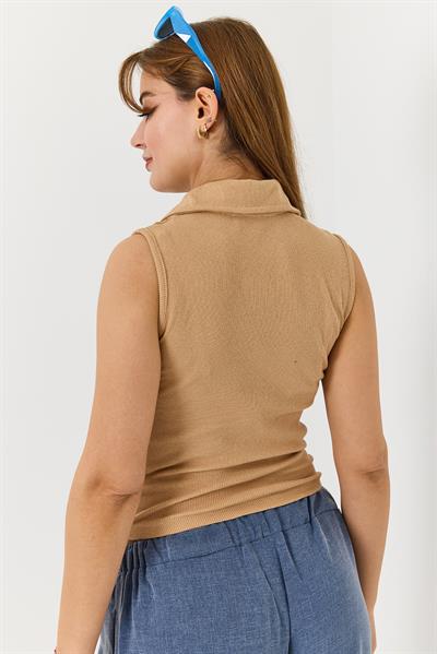 Sıfır Kol Polo Yaka Basıc Örme Kaşkorse Bluz Vizon