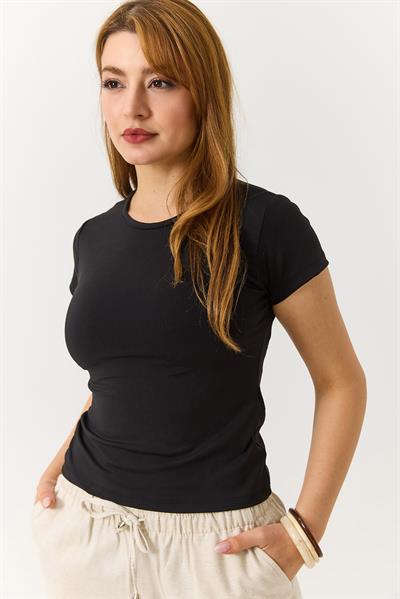 Kadın Basic Bisiklet Yaka Düz Tshirt Siyah