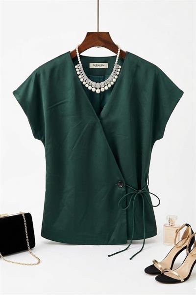 Kadın Çapraz Model Yandan Bağlamalı Tasarım Bluz Yeşil