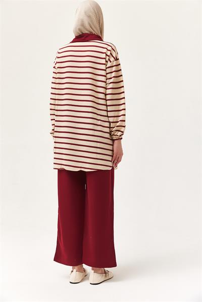 Fermuarlı Çizgili Gömlek Yaka Takım Bordo