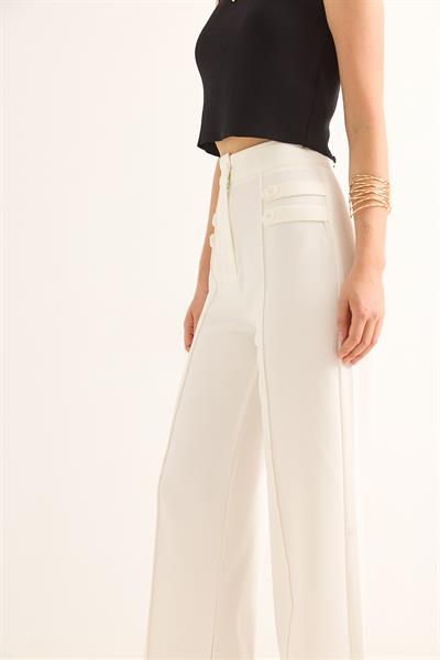 Düğme Detaylı Yüksel Bel Bol Paça Pantolon Beyaz