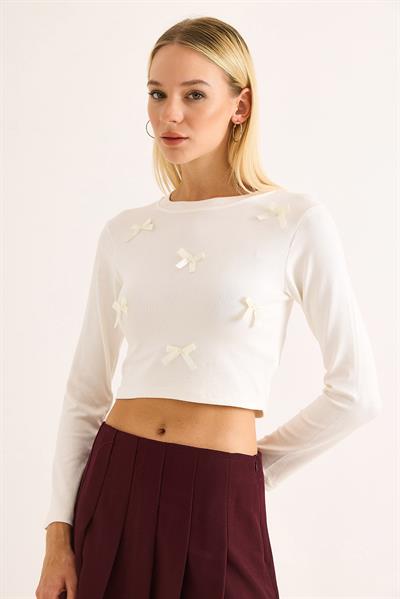 Kadın Kurdeleli Uzun Kollu Crop Bluz Beyaz