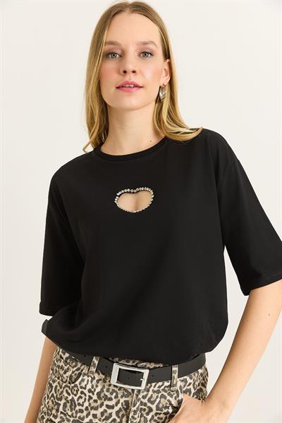 Kalp Dekolteli Bisiklet Yaka Tshirt Siyah