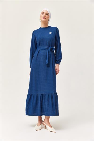 Kuşaklı Kat Keten Elbise Lacivert
